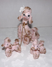 Vintage 50's Pink w/Gold Spaghetti Poodle & Puppies w/ Chains Figurines Japan picture