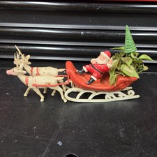 Mid Century Plastic Christmas Santa on Sleigh & Reindeer Display Vntg Hong Kong picture