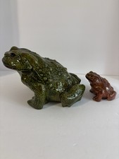 Ceramic Glazed Frog Figurines Set of 2 - Large Green & Small Brown picture