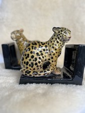 Vintage 60’s HOLLYWOOD REGENCY ITALY MAJOLICA CHEETAH LEOPARD BOOKENDS MCM picture
