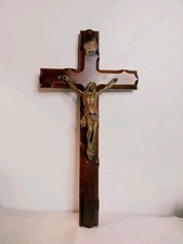Vintage 20” Wood Crucifix Jesus Christianity Wall Cross Brass Inlay Wood Christ picture