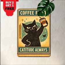 Vintage Black Cat Drinking Coffee Sign Funny Feline Pet Cafe Metal Tin Plaque picture
