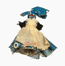 Vintage, Folk Art “Louisana”Blue/White Dressed Primitive Doll Bell 6in picture
