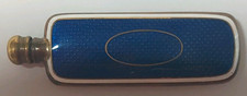 Vintage Blue Guilloche Enamel Perfume Bottle Compact Scent Flask Brass Art Deco picture