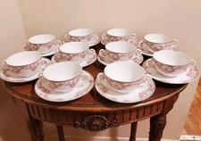 10 Atq Austrian HUB Porcelain Pink Rose Flower With Gold Tea Cups And Saucers picture