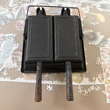 Antique WAGNER Cast Iron Twin Double Waffle Irons in Holder FEB 22 1910 PAT'D picture