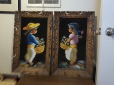 Vintage Collectible Mexican Folk Art Painting on Velvet Girl and Boy Framed picture
