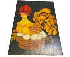 Vintage 1982 Folk Art Chicken Hen Eggs Wood Painting Signed Beatty Shay 14x20 picture