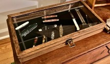 Knife Display Case Brown Wood Pocket Knives Watch Arrowheads Jewelry Shadow Box picture