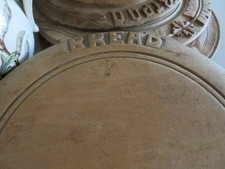 Old Round English WOOD BREAD BOARD CUTTING BOARD Carved Says BREAD on Rim picture