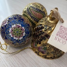 Rare Vintage Golden NYCO Cloisonné Bell And Ornament Set Enamel Art Christmas picture