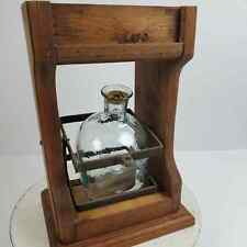 Vintage RARE Liquor Decanter in Wood Stand w/ Metal Holder 13x9x6