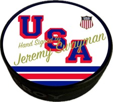 PRE-SALE Jeremy Swayman Team USA Hand Signed USA Hockey Official Puck - ships by picture