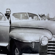 Vintage B&W Snapshot Photograph Beautiful Car Handsome Young Man Ready For Drive picture