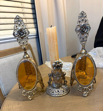 Vintage Hollywood Regency Ormolu Vanity Set - Pair Amber Glass Perfume Bottles & picture