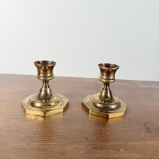 Vintage Brass Hexagon Base Petite Candlestick Holders Pair 3
