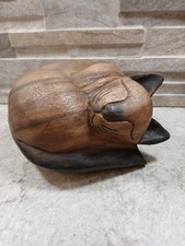 Large Heavy Hand Carved and Painted Wood Sleeping Cat Figurine 17cm Dark Wood picture