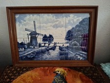Vintage Delft Blue Wall Painting Of A Dutch Landscape, 6 Ceramic Tiles, Framed picture