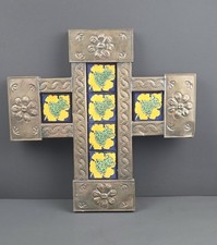 Vintage Mexican Punched Tin Wall Cross w/ Ceramic Frog Tile Insets Folk Art RARE picture