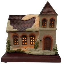 Vintage 1989 Jaimy Holiday Village Ceramic Church Wood Display Base Lighted READ picture