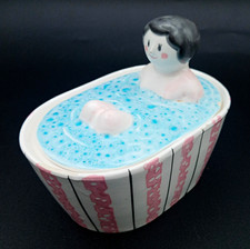 Vintage Ceramic Girl in Bathtub Vanity Storage Jar w Lid Novelty Bathroom Decor picture