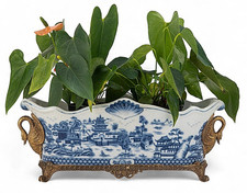 Blue, White Porcelain Elongated Planter/Basin.Hand Painted.Bronze Accents-17