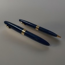 Vintage Sheaffer Fountain Pen And Pencil Set Blue With Gold Trim 14K picture