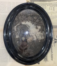 RARE Large Antique French Mourning Hair Art Glass Wooden Frame c1880 18 inches picture