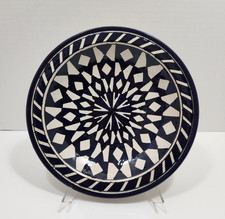 Vintage Moroccan Blue/White Geometric Ceramic Bowl Signed FES 10