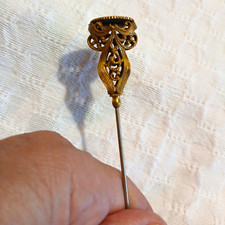 Vintage Filigree Hatpin Stick Pin w/ Monogram Engraved Round metal gold plate picture