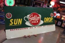 RARE 1950s GOLDEN SUN DROP COLA PAINTED METAL SIGN BOTTLE COFFEE CUP GAS OIL POP picture