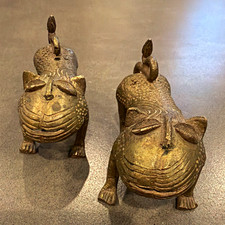 African Benin Style Bronze Pair of Leopard Figures Nigeria West Africa 3in picture