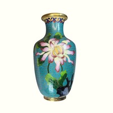 Vintage Cloisonné Vase Pink & White Chrysanthemums Gold Accents Floral Enamel picture