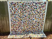 Huge Vintage Grandmother's Flower Garden Hexagon Quilt 92”x72” PRISTINE picture