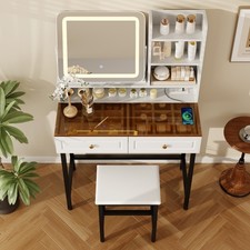 Makeup Vanity Desk LED Mirror 2 Drawers Power Outlet Stool White 3-7 Day Ship picture