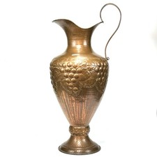 HUGE Antique Hand Hammered Copper Ewer / Pitcher / Floor Vase Grape Motif 32.5″ picture