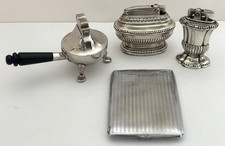 Vtg Lot of 3 Silver Metal Table Cigarette Lighters and Cigarette Holder/Case picture