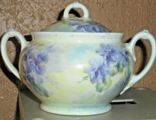 M&Z SUGAR BOWL WITH PURPLE FLOWERS TWO HANDLES WITH ORIGINAL LID NICE Antique picture