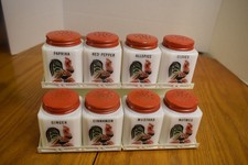 VTG SET 8 1930s MCKEE TIPP CITY MILK GLASS ROOSTER SPICE JARS ORIGINAL RACK picture