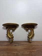 Vintage Pair of Syroco Wood Gold Gilt Wall Sconce Shelves Mid Century picture