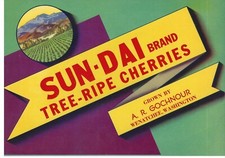Original scarce SUN-DAI cherry crate label Wenatchee WA A.R. Gochnour stock picture