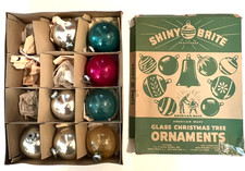 8 Vintage LARGE SHINY BRITE 4” Glass Ornament UNCLE SAM BOX Silver Blue Red Gold picture