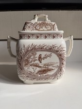 W. H. Grindley & Co. Large Sugar Bowl W/ Lid & Creamer Brown Transferware Bird picture