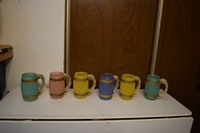 Vintage Siesta Ware Frosted Barrel Mugs Set of 6 Wood Handles Mid Century picture