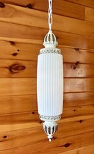 Vintage MCM Hollywood Regency White Ribbed Milk Glass Hanging Swag Lamp Light picture