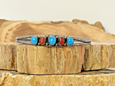 Vintage Native Navajo Sterling Silver Turquoise Coral Petite Bracelet--920.26 picture