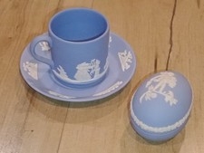Vtg. Wedgwood Blue Jasperware Demitasse Egg Cup/Saucer England matte interior picture