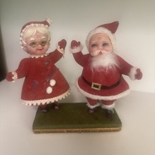 Mid Century SANTA & MRS. CLAUS Plastic Flocked Figures  Christmas Damage 1960’s picture