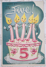 UNUSED - ANTHROPOMORPHIC 5 Birthday Candles - 1950's RUST CRAFT Greeting Card picture