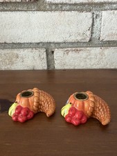 Vintage Russ Berrie Ceramic Cornucopia Taper Candle Holders Pair picture